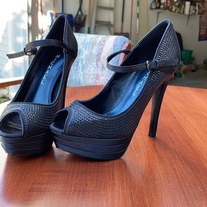 Black peep toe platform stilettos